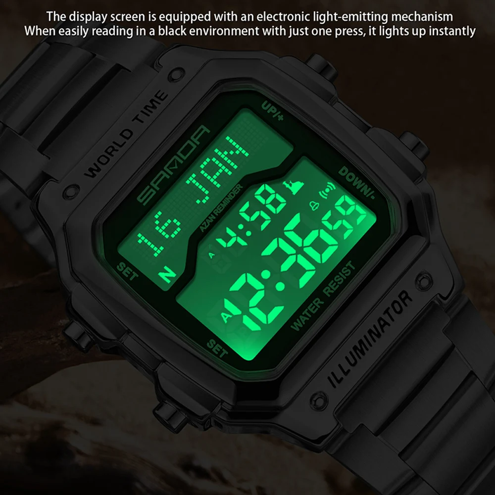 SANDA Brand Men Electronics Watch Waterproof Luminous Square Dial Man Wristwatch Digital LED Alarm Digital-watch Sport Watch