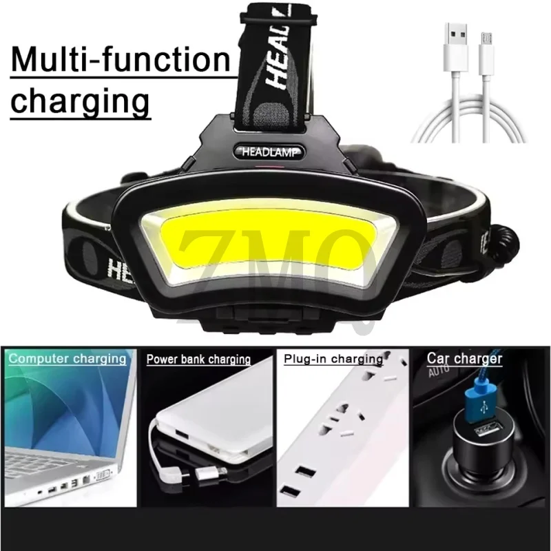 COB LED Wide Headlamp Wide Range Lighting USB Rechargeable LED Wide Angle Headlight with Battery Level Display 2*18650 Batteries