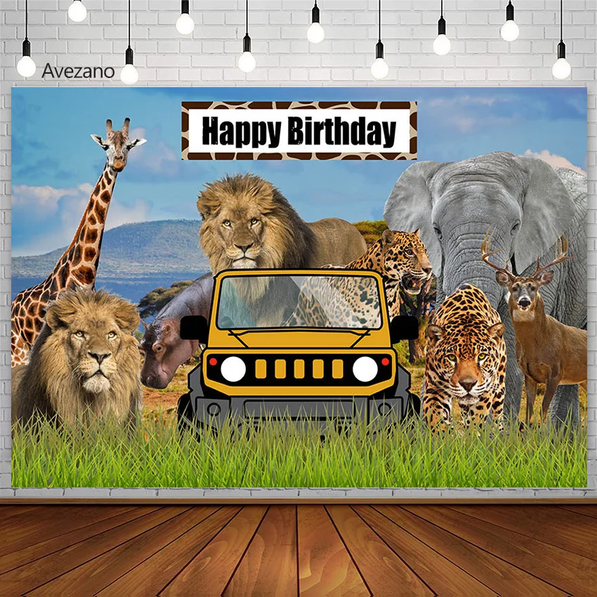 

Avezano Safari Animals Backdrop Birthday Decor Tropical Wildlife Forest Car Lion Tiger Giraffe Jungle Theme Banner Photo Studio