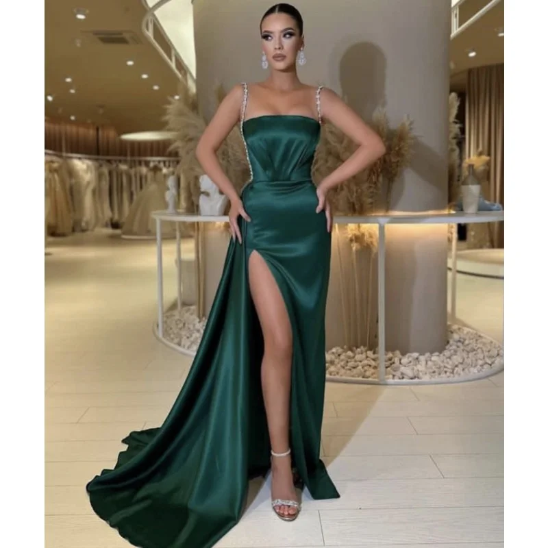 

Hot Prom Dresses Crystal Spaghetti Strapless Mermaid Side Slit Silk Satin Prom Dresses Lace Up Back vestidos de fiesta de noche