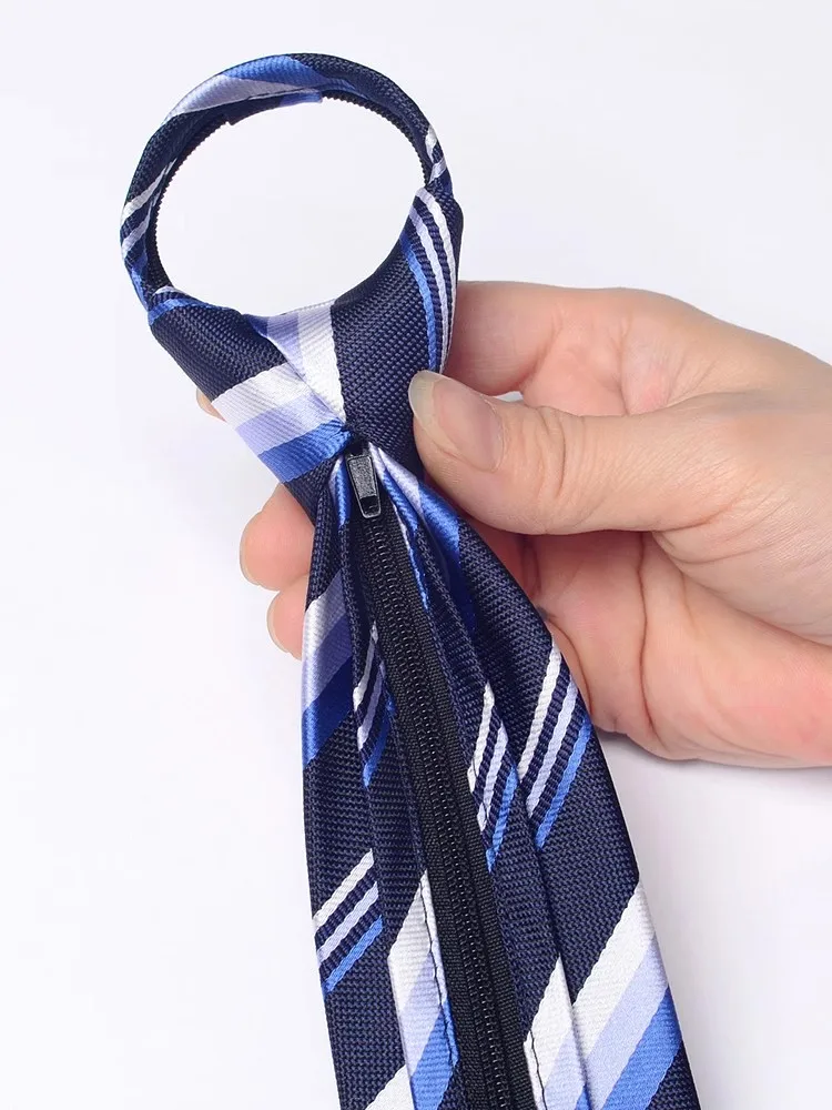 High Quality Blue Wide Stripe Zipper Necktie For Men 8CM Standard Business Banquet Formal Shirt Accessories Knot Free Cravat