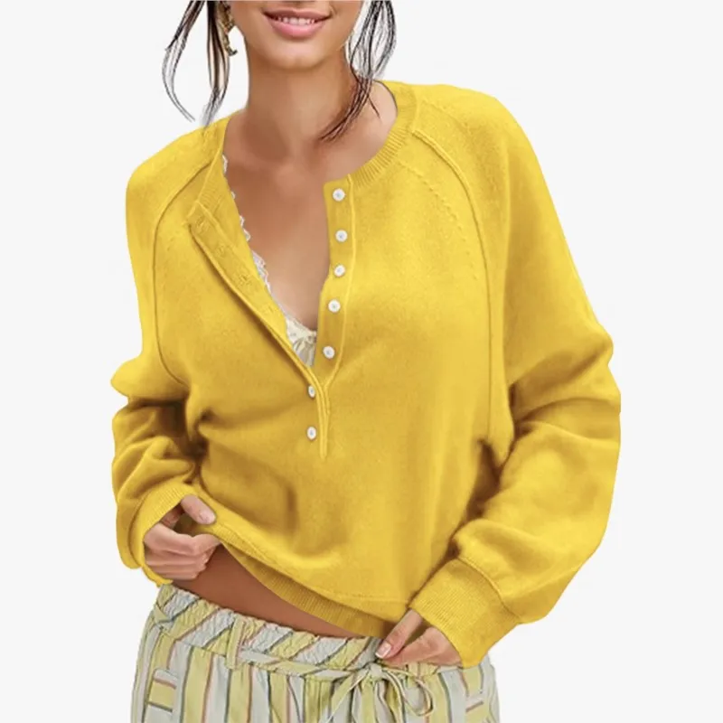 Spring Autumn Knitted Women's Solid Color Hoodie Fashion Button Half Open Design Loose Sweater Ladies Chic Versatile Office Top