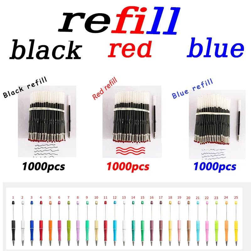 1000pcs Beaded Pen Refill Black Blue Red Wedding Party Gifts for Guests 3 Colors Replaceable Refills Ballpoint Pen Refil