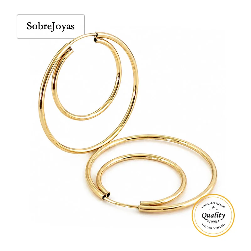 14K Gold Filled Double Endless Hoop Earrings 24mm/30mm Boho Women's Gold Jewelry Fashionable Circular Dangle Brincos Pendientes