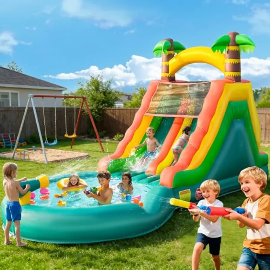 

26FT Inflatable Water Slide with Water Spray Tube PVC Commercial Grade Water Slide with Splash Pool 4-in-1 Water Slide with Cli