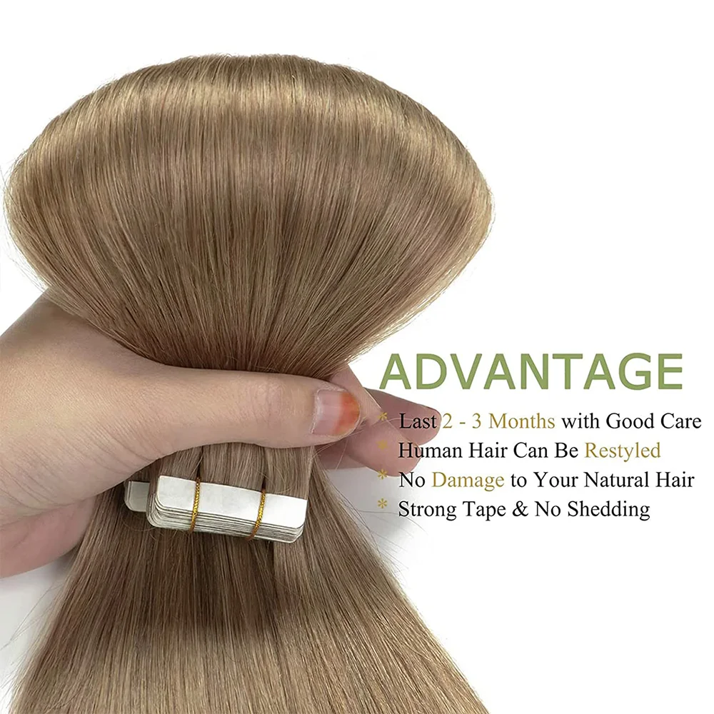 Tape In Human Hair Extensions Straight Brazilian 100% Real Human Hair Color #8 For Woman Invisible Seamless Tape In Extensions