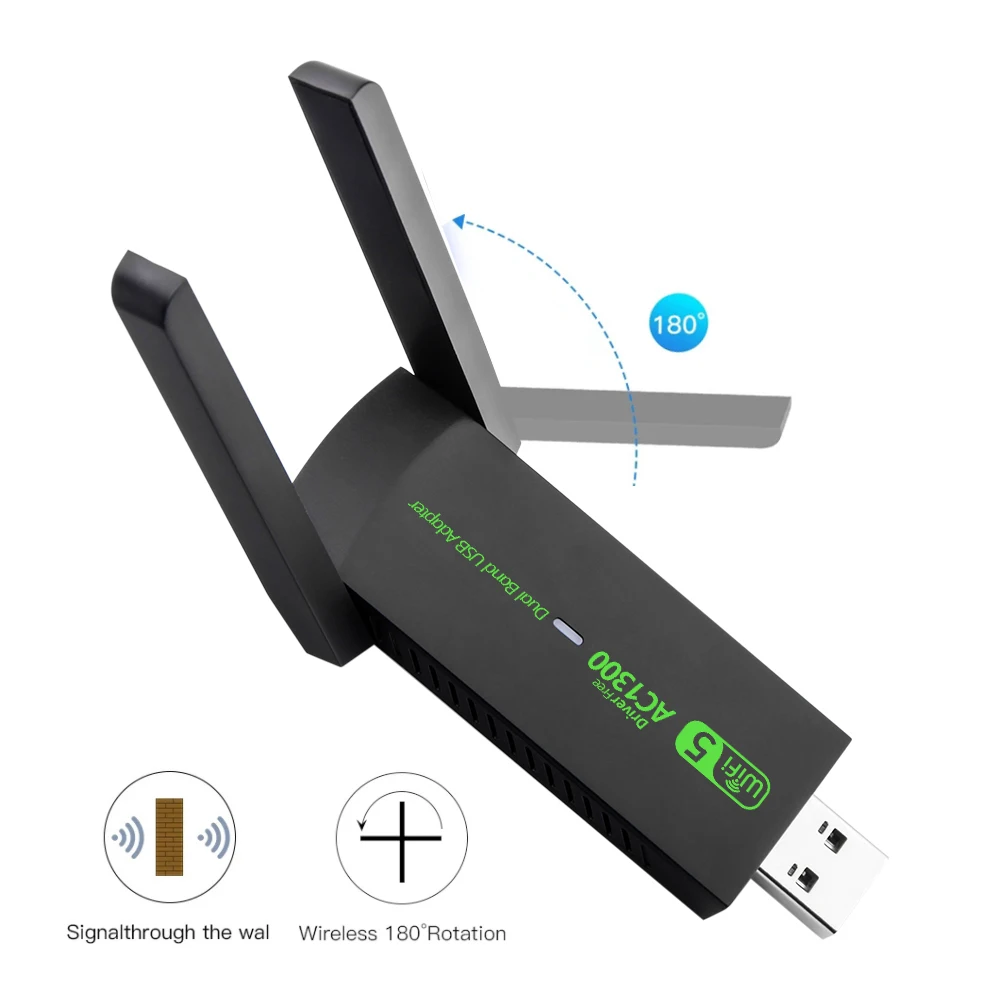 Adaptor WiFi USB AC1300Mbps, kartu jaringan nirkabel Dual-Band 2.4GHz & 5.8GHz Wi-Fi 5 USB untuk Windows 10/11, Desktop, Laptop