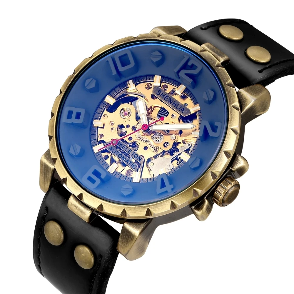 SHENHUA Retro Bronze Automatic Mechanical Watch Men Skeleton Watch Luminous Waterproof Clock Leather Strap Military Sport Watch