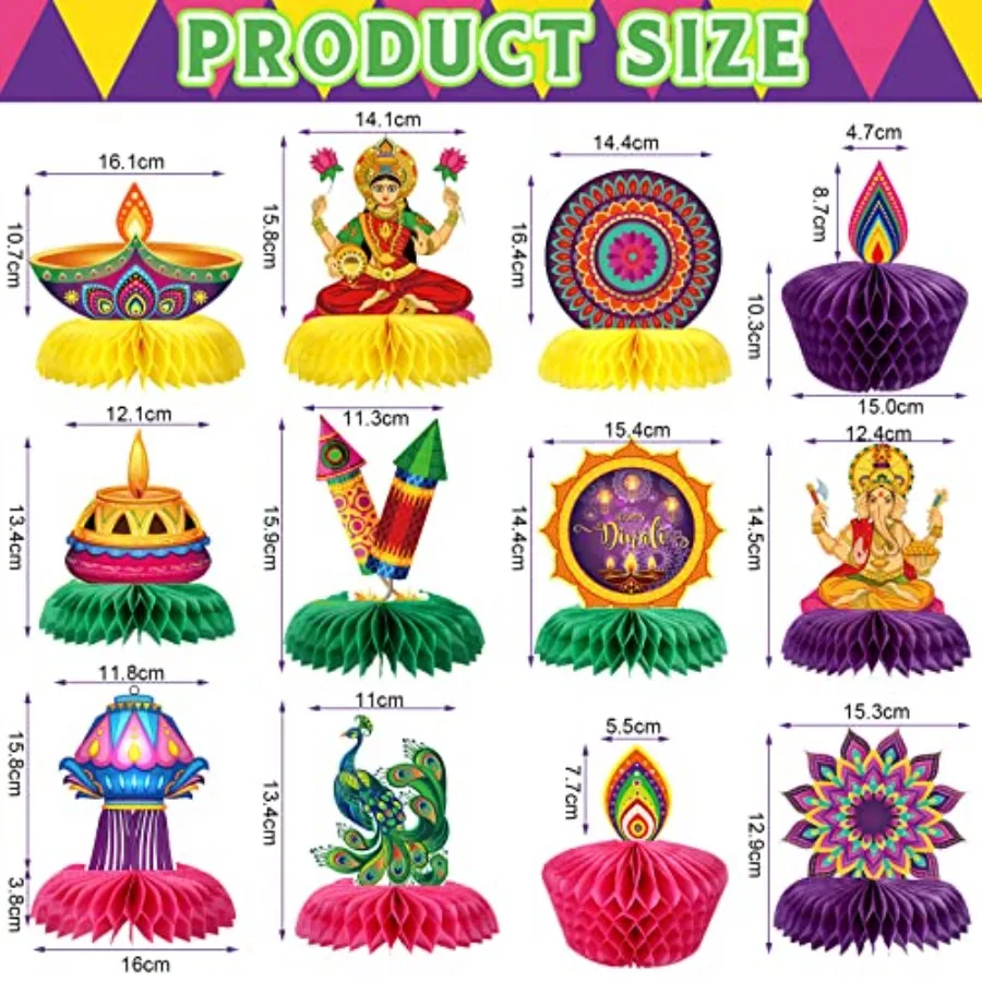 12 Pieces Diwali Party Decorations Paper Honeycomb Centerpiece Table Toppers Festival of Lights Party Supplies for Happy Diwali