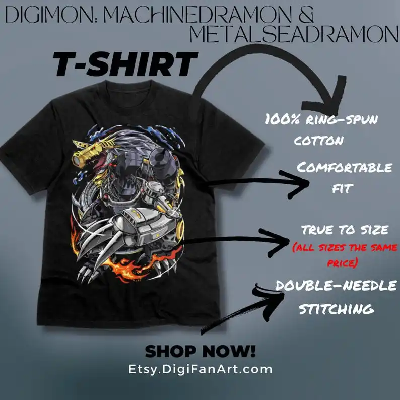 Digimon Machinedramon & Metalseadramon Digi-duo T-Shirt, showcasing the Water and fire balance of Dark Masters Digimon adventure