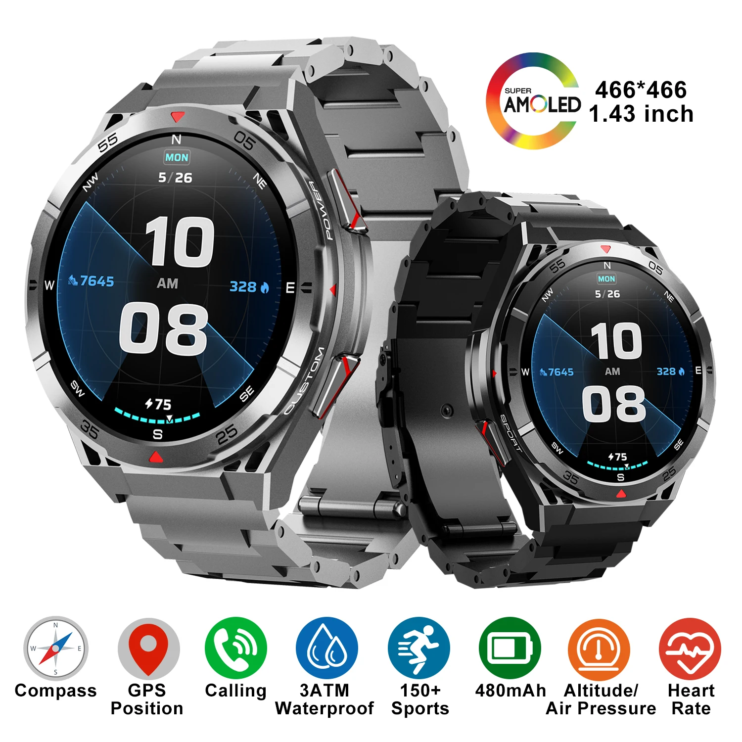 

Смарт-часы для мужчин AMOLED HD экран 466*4666 Bluetooth вызов GPS Posotion компас монитор сердечного ритма 3ATM водонепроницаемые спортивные умные часы