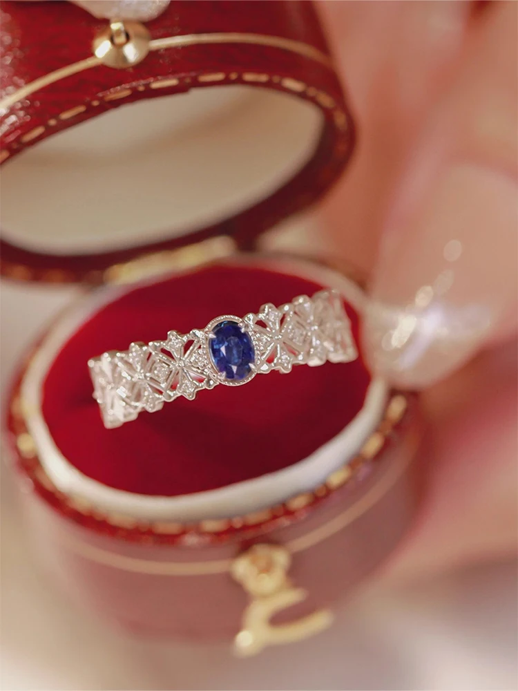 

S925 Sterling Silver Women's Ring Blue Zirconia Vintage Hollowed Out Palace Flower Ring Suitable for Daily Wear Girlfriend Gifts