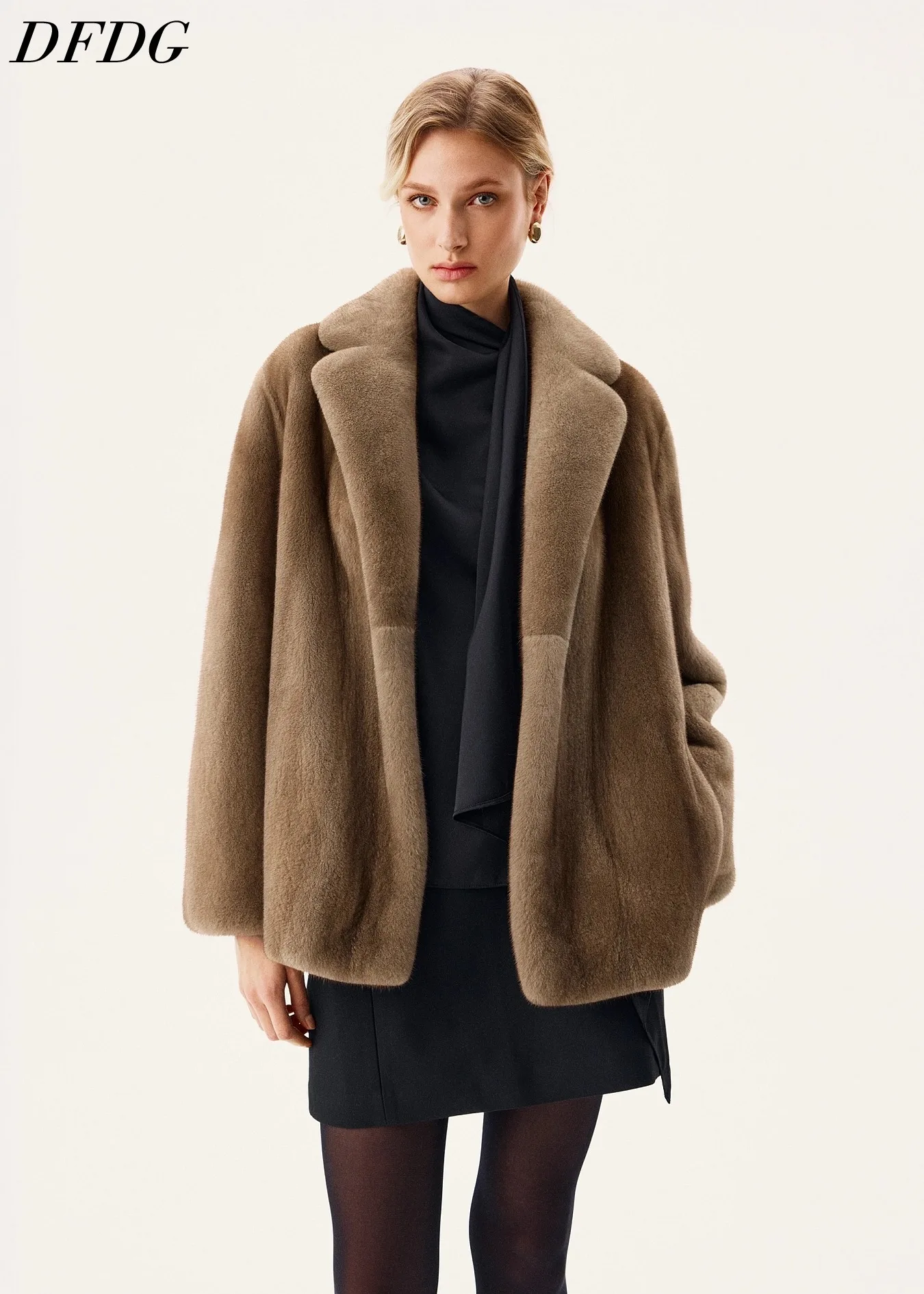DFDG Women Faux Mink Fur Coat Notched Lapel Loose Mid Length Warm Outerwear Luxury Elegant Winter Overcoat Daily Occasion Fur
