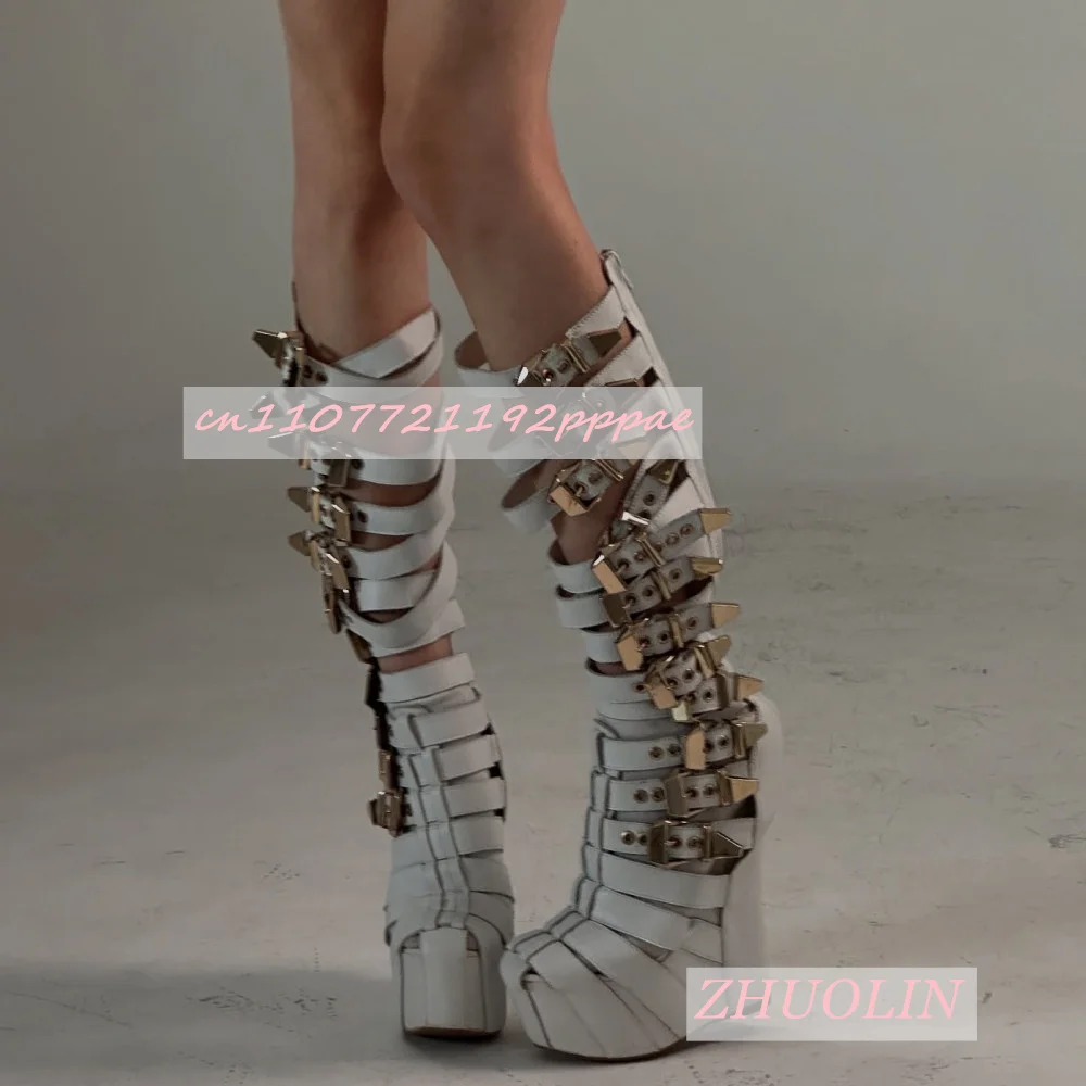 

White Metal Belt Buckle Thick-Soled Sandals Boots Round Toe Back Zipper Gladiator Mid-Calf Boots Sexy Trend Modern Boots Summer