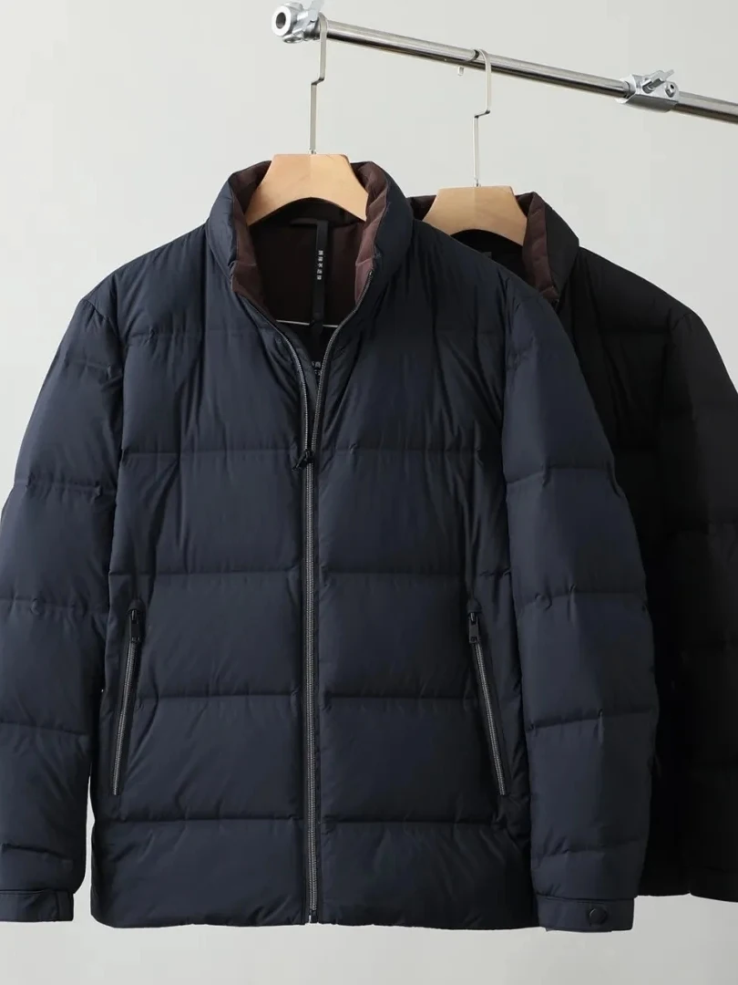 

Men's Winter Busin Casual down Jaet Warm Polyester Fiber Long Sve Zipper Closure Stand Collar Du down Filling