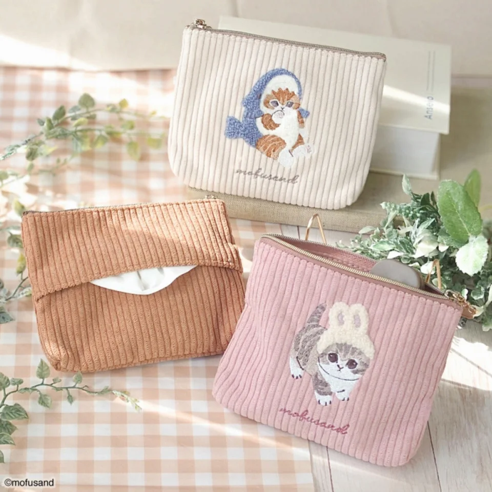 

Anime Mofusand Cute Shark Kitty Corduroy Embroidered Tissue Bag Mini Cartoon Storage Bag Portable Toiletries Bag Girl Toy Gift