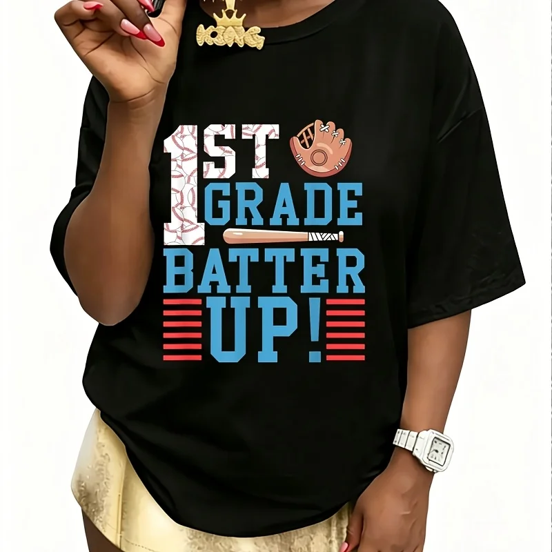 1St Grade Back to School 1St Grade Batter up Baseball Women's 100% Cotton T-Shirt Short Sleeve Top Casual Round Neck Fun Print Tee S-5Xl