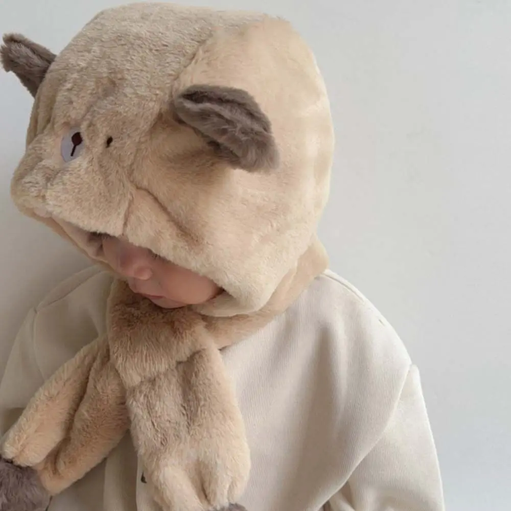 الصلبة اللون الدب أفخم قبعة الكورية نمط القماش الاكسسوارات الأطفال الصوف قبعة الكرتون تصميم الأزياء أفخم قبعة مع وشاح الصبي