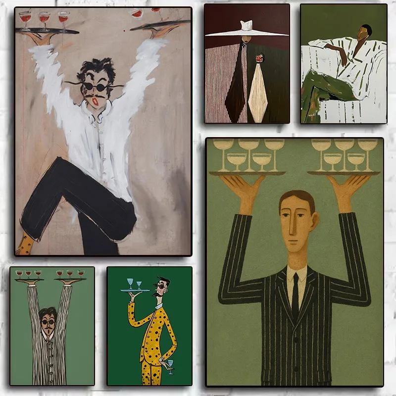 Vintage Abstract Mid Century French Waiter Serving Cocktails Poster Canvas Painting Wall Art Pictures Home Kitchen Bar Decor