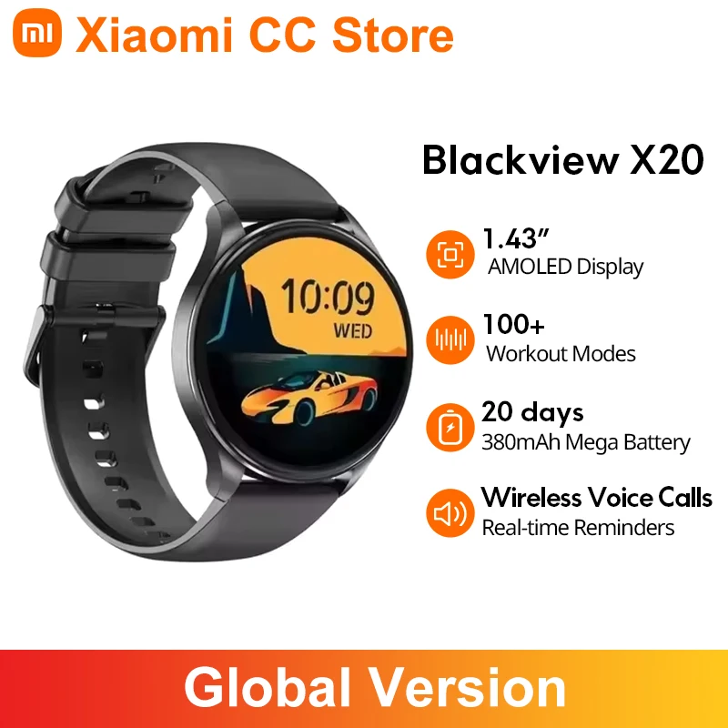 Global Version Blackview Smartwatch X20 1.43” AMOLED Display 100+Workout Modes 20 days Battery Life Wireless Voice Calls