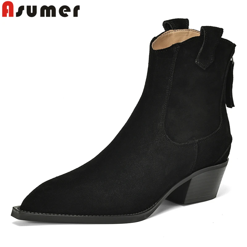 

ASUMER 2026 New Cow Suede Leather Western Boots Pointed Toe Zipper Cowboy Ankle Boots For Women Short Booties