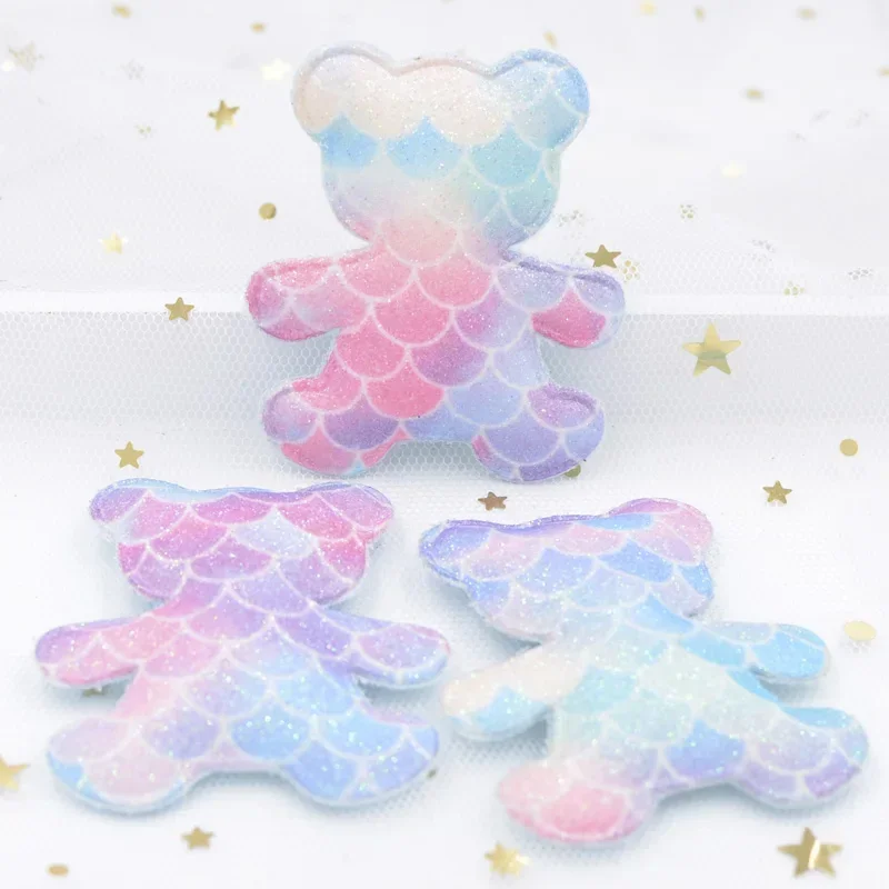 8Pcs Cute Mermaid Scale Rainbow Padded Patches Glitter Powders Bear Applique for Clothing Sewing Supplies DIY Hair Bow Decor