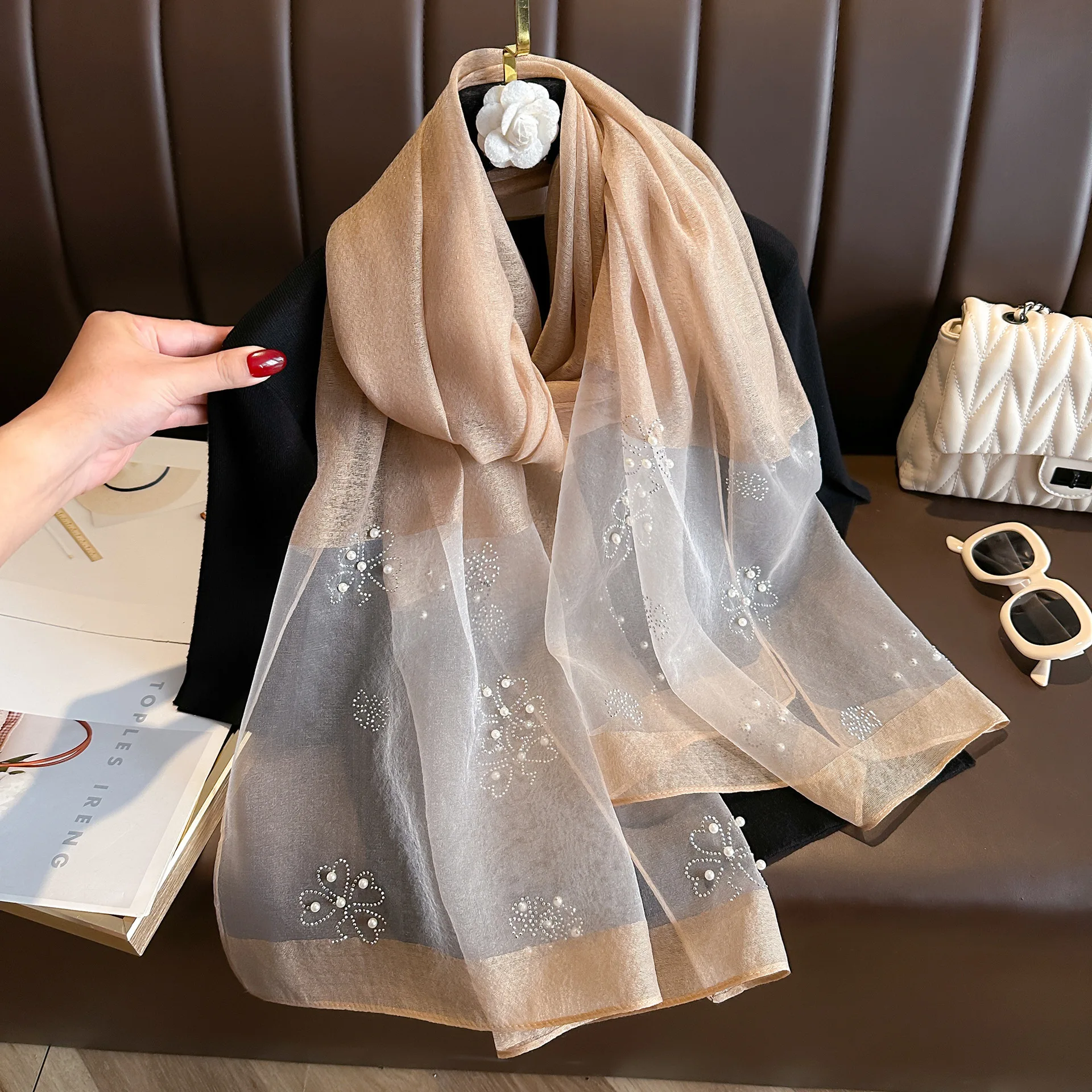 Perle Koreanische Blume Stickerei Schal Elegante Strass Dünne Seide Schal Rose Luxus Frauen Hijab Schals Dame – Detail 9