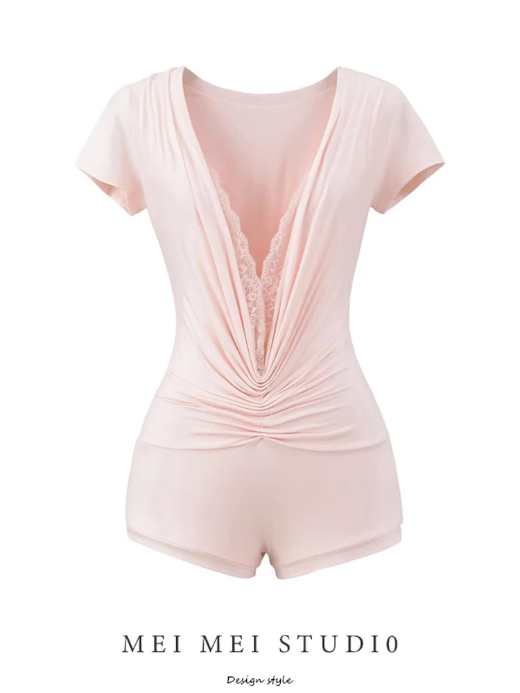 

Сексуальная женская футболка с кружевными вставками на плечах, летняя новинка, утягивающая, с V-образным вырезом, с завышенной талией, из смесового хлопка