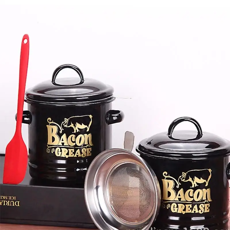 

Multipurpose Enamel Grease Keeper With Strainer And Silicone Spatula For Preserving Bacons Drippings Fat And Kitchen Use
