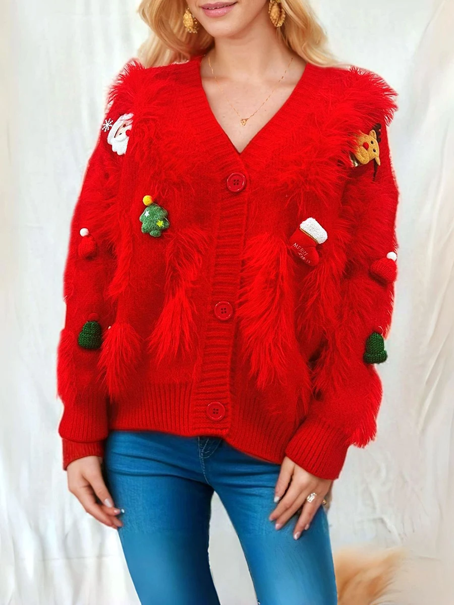 Women Christmas Cardigan Sweaters Cute Fuzzy Long Sleeve V Neck Button Down Knitwear Coat Female Casual Classic Winter Outerwear