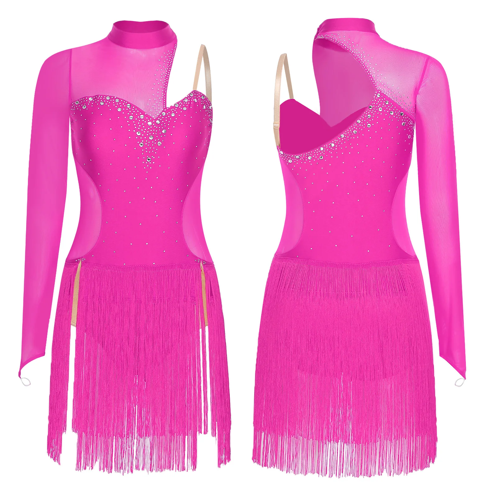 Vestido de baile latino Tango Cha-cha con diamantes de imitación brillantes para mujer, ropa de patinaje artístico lírico, vestidos asimétricos de malla con flecos