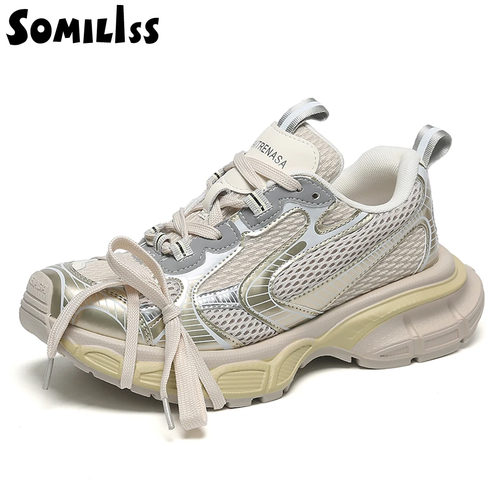 SOMILISS Women Chunky Sneakers Microfiber Leather Mesh Lace Up Ladies Spring Summer Fashion Designer Model Platform Casual Shoes