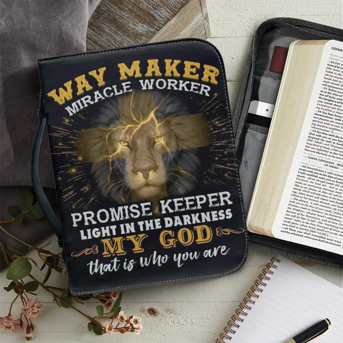 New Lions Bible Hymn Print Bible Bag for Women Leather Handbags Classic Bible Verse Cover Cross Study Book Holy Storage Boxes