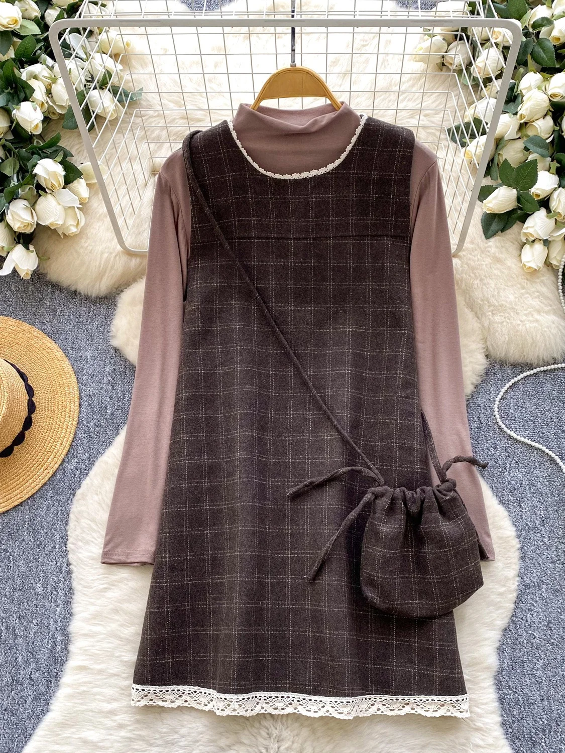 

Women's Autumn Winter Plaid Lace Trimmed Vest Dr Base Layer Top Korean Sle Sweet Faion Set High Waist Winter Coat