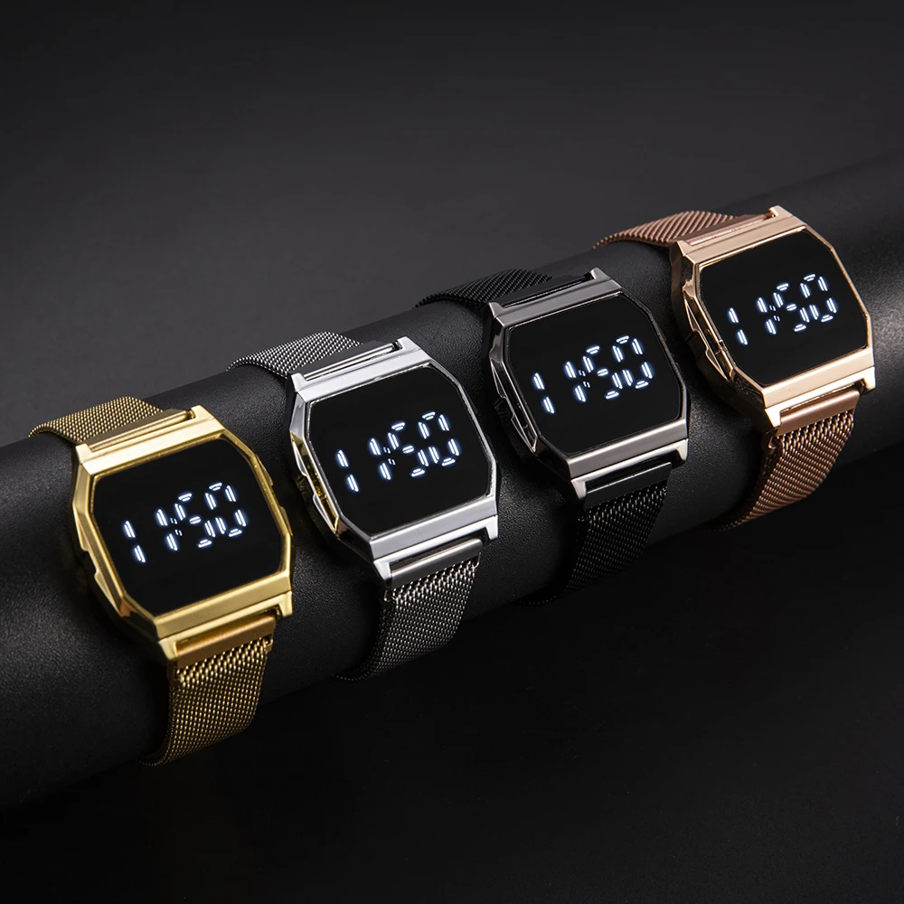 Luxury LED Digital Watches for Men Waterproof Metal Mesh Band Electronic Clock Fashion Gold Sliver Men Watch Gift Reloj Hombre