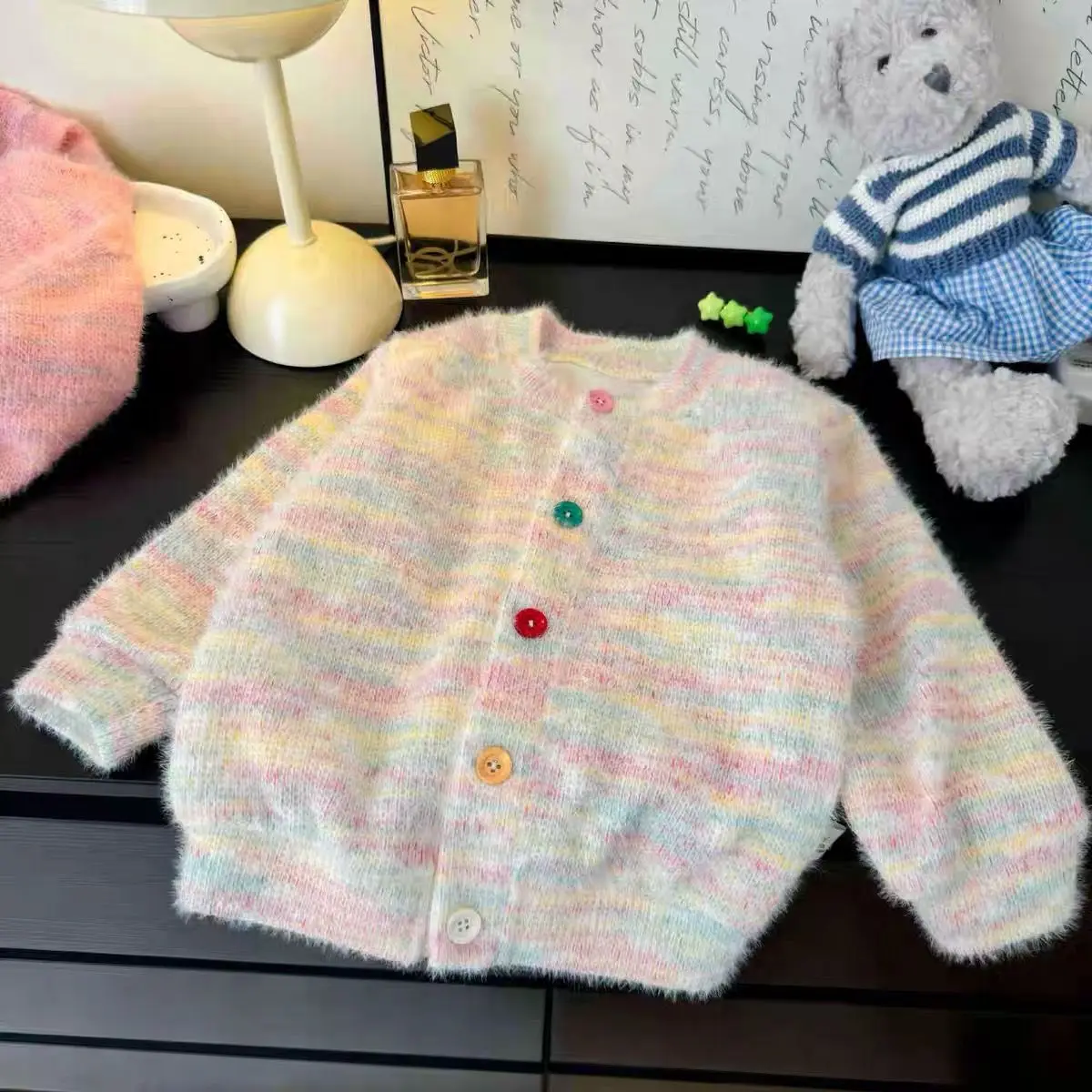 

Kids Girl Knited Sweater 2024 New Autumn Winter Clothes Rainbow Button Beige Cardigan Chidlren Princess Casual Tops Korean Style