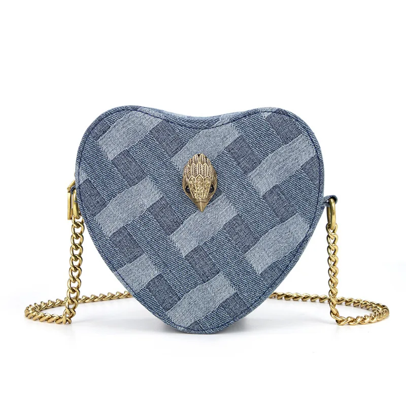 

Lady Heart Shaped Bag Wash Denim In Weave Print Purse Jointing Cross Body Bag Patchwork Mobile Phone Bag Leisure Bag