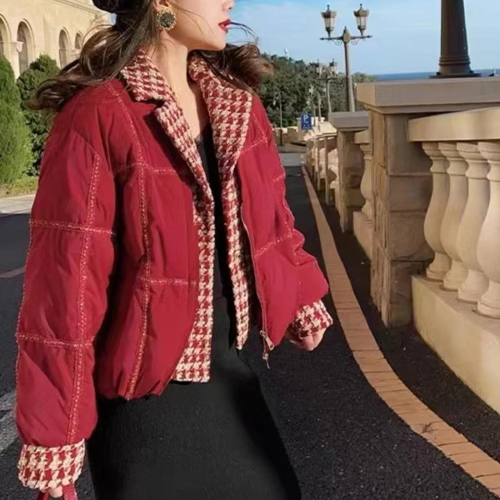 

Осенне-зимняя короткая красная нишевая одежда с хлопковой подкладкой, темпераментная теплая куртка