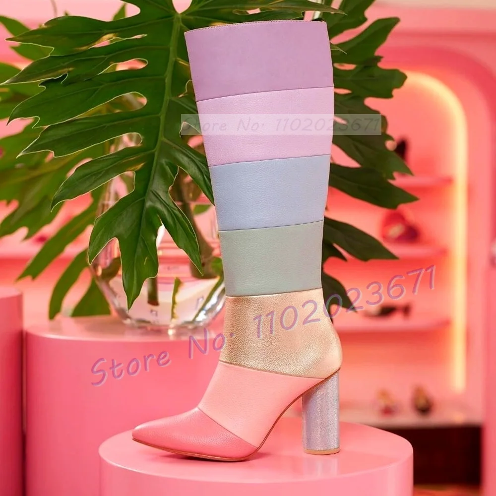 

Colorful Patchwork Knee-high Boots Female Pointy Toe High Block Heels Elegant Iridescence Shoes Women Sweet Party Side-zip Boots