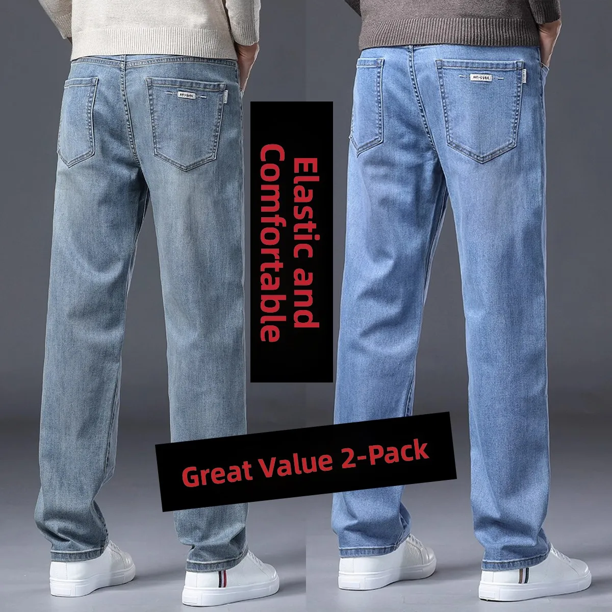

Men's Casual Straight Leg Jeans Spring Summer Sle Loose Fit Faionable Cotton Stretch Denim mid Waist Zipper Closure