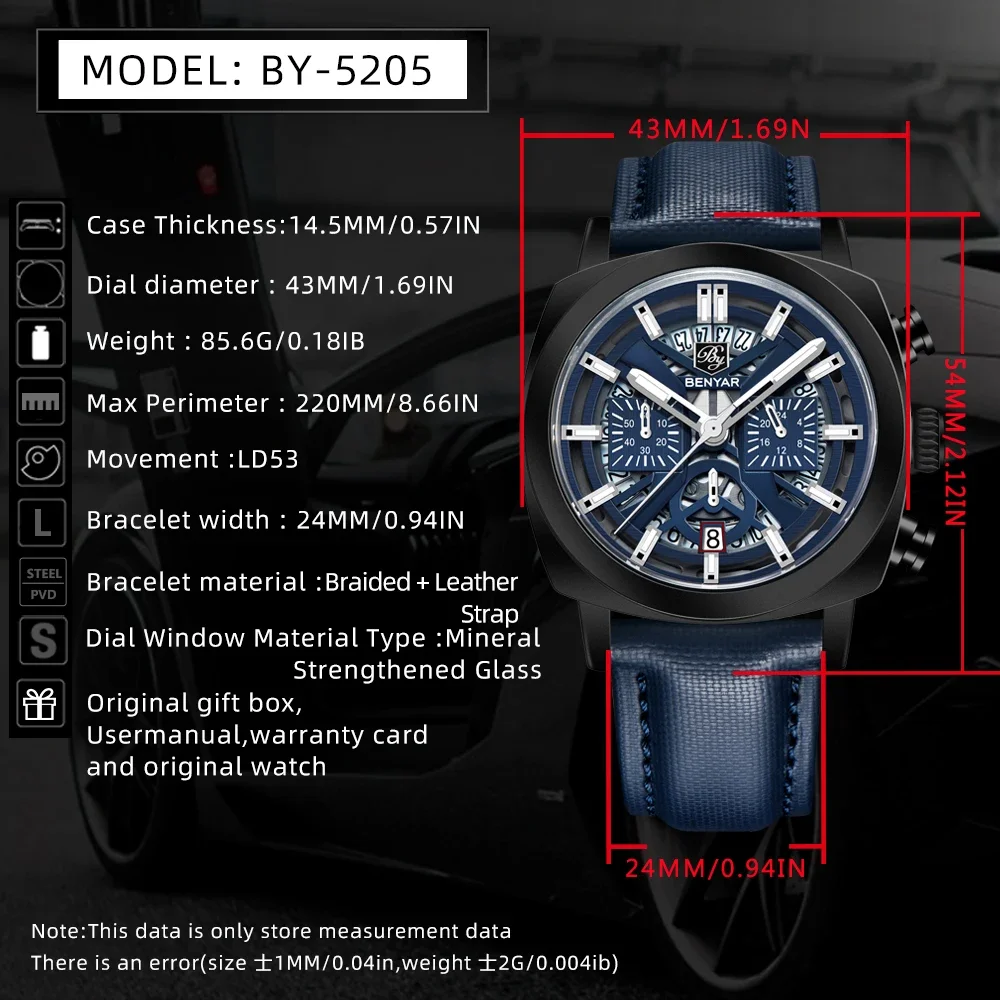 BENYAR 2025 ساعة كوارتز رجالية مضيئة الهاتفي 50 متر مقاومة للماء المضادة للانعكاس كرونوغراف المألوف ساعات رجالية جديدة Reloj