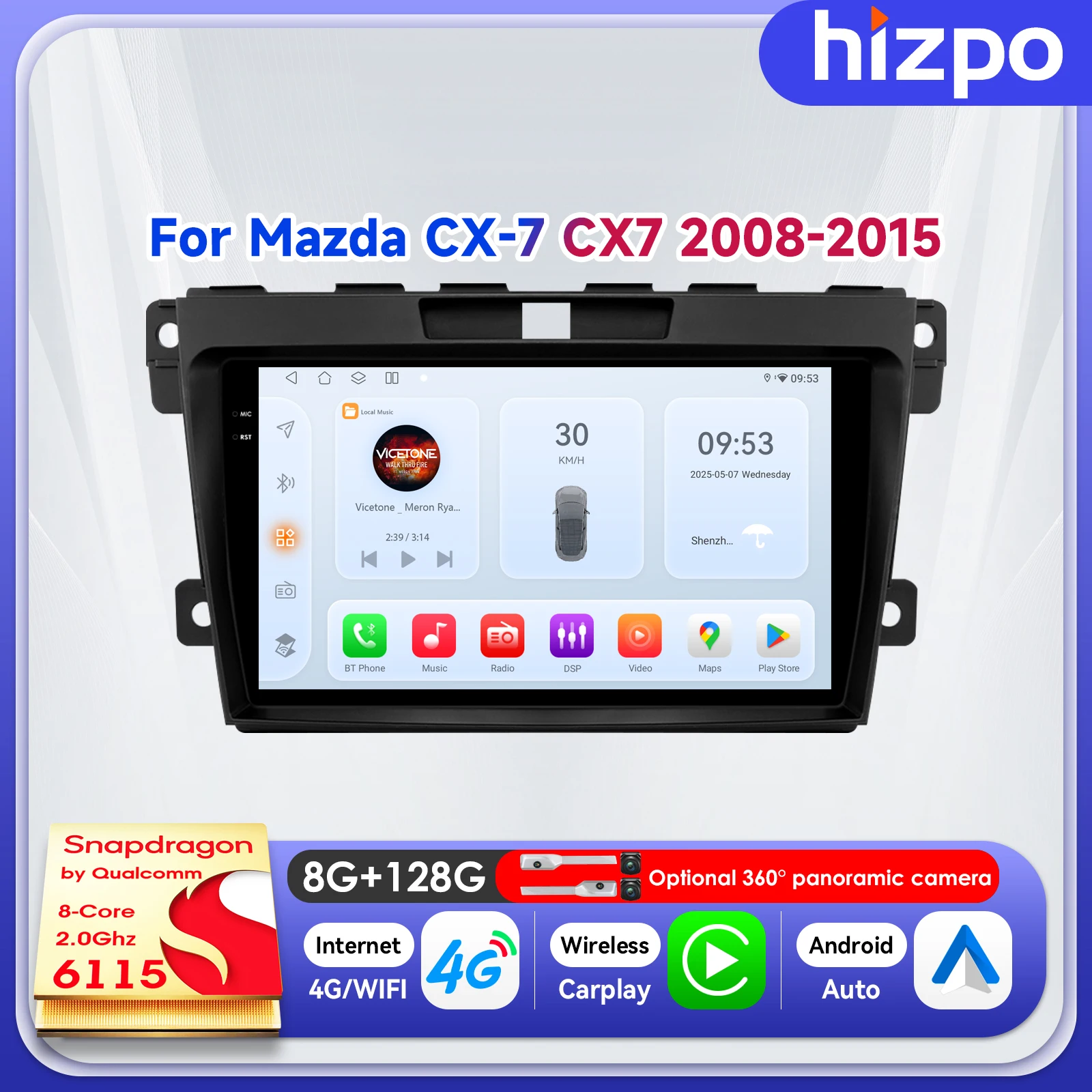 

Автомобильный мультимедийный плеер Hizpo 9 дюймов с беспроводным CarPlay и Android Auto для MAZDA CX-7 (2008-2015) с функцией навигации