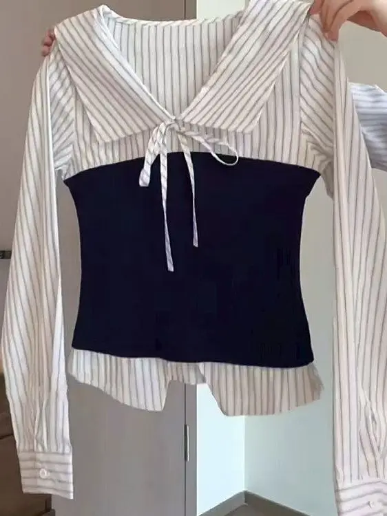 Color Block Tie Waist Collar Shirt Women's Slim Fit Long Sleeve Versatile Top Early Spring New Design French Style Fuyisan