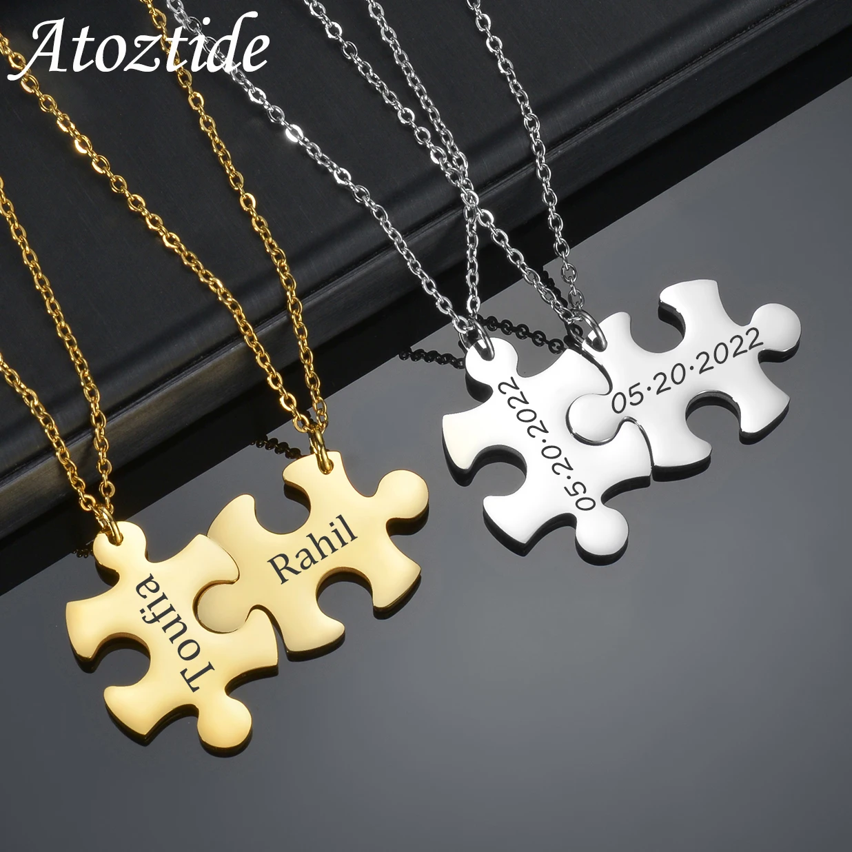 Atoztide 1Pair Personalized Engrave Name Date Double Puzzle Necklace Stainless Steel for Couple Link Chain Pendant Jewelry Gift