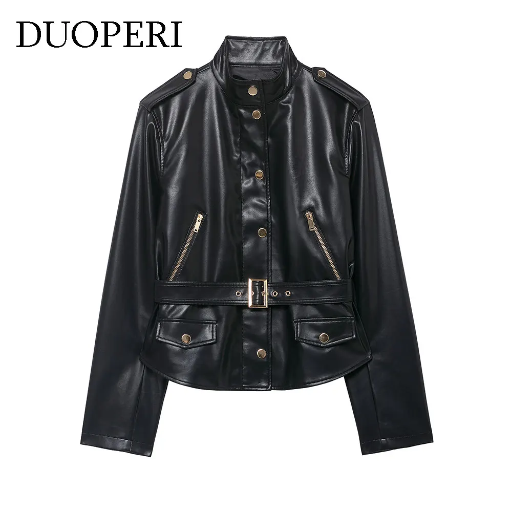 DUOPERI Women's Fashion With Belt PU Black Jackets High Street Stand Collar Long Sleeves Female Elegant Chic Lady Coats Outfits