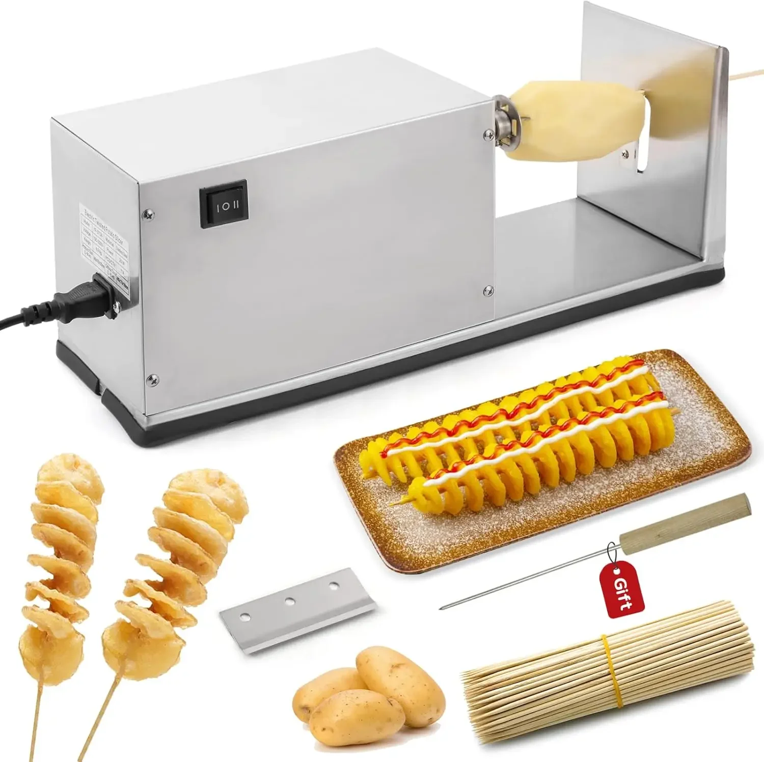 CGOLDENWALL Potato Slicer Electric Potato Tornado Spiral Slicer with Free Bamboo Skewers Stainless Steel Automatic Twisted 110V