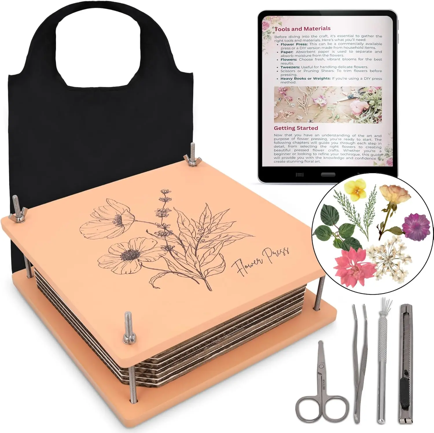 

Wooden Flower Press - Durable Bolt Lock Design Complete Pressing Kit w/White Absorbent Sheets, Ebook Guide & More - 10 Layers fo