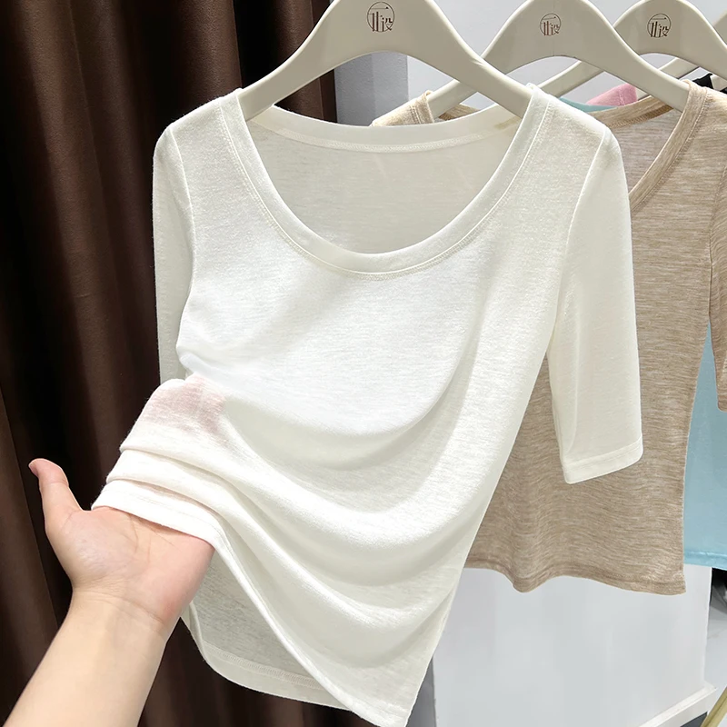 

Thin and soft large round neck mid-sleeve T-shirt for women 2025 new skin care clothing inner wear Tencel mask bottoming shirt p