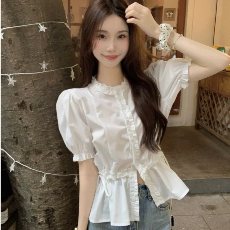 

White Simple Design Women's Shirt Summer Slim Fit Waist Cinched Short Sleeve with Wood Grain Bubbles Sleeve Pure Color