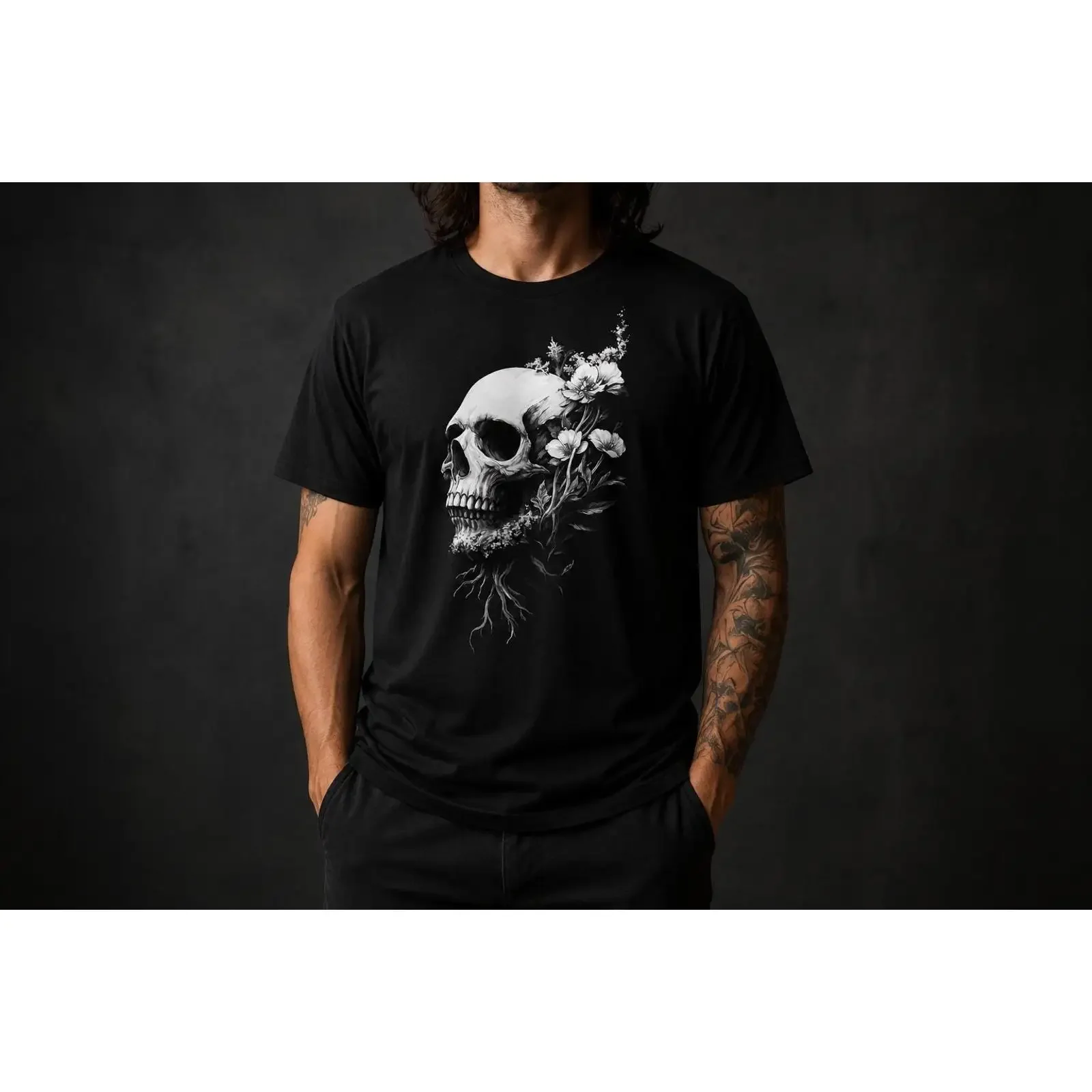 Black Cotton T Shirt Floral Skull Memento Mori  vintage Washed Stylish Slightly Stretched Top For Everyday Wear Casual Unisex